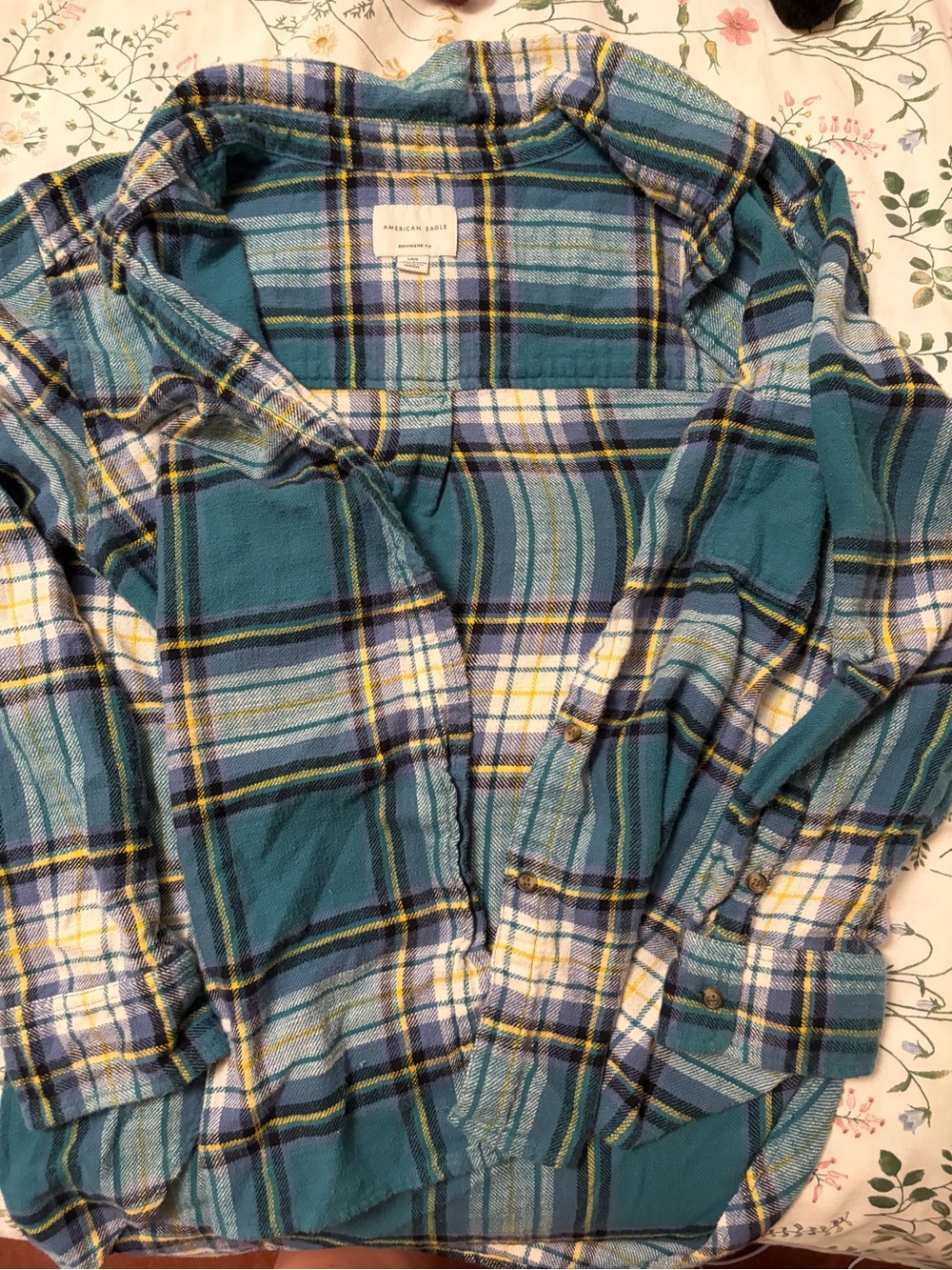 American Eagle Teal, Navy & Yellow Plaid Boyfriend Shirt